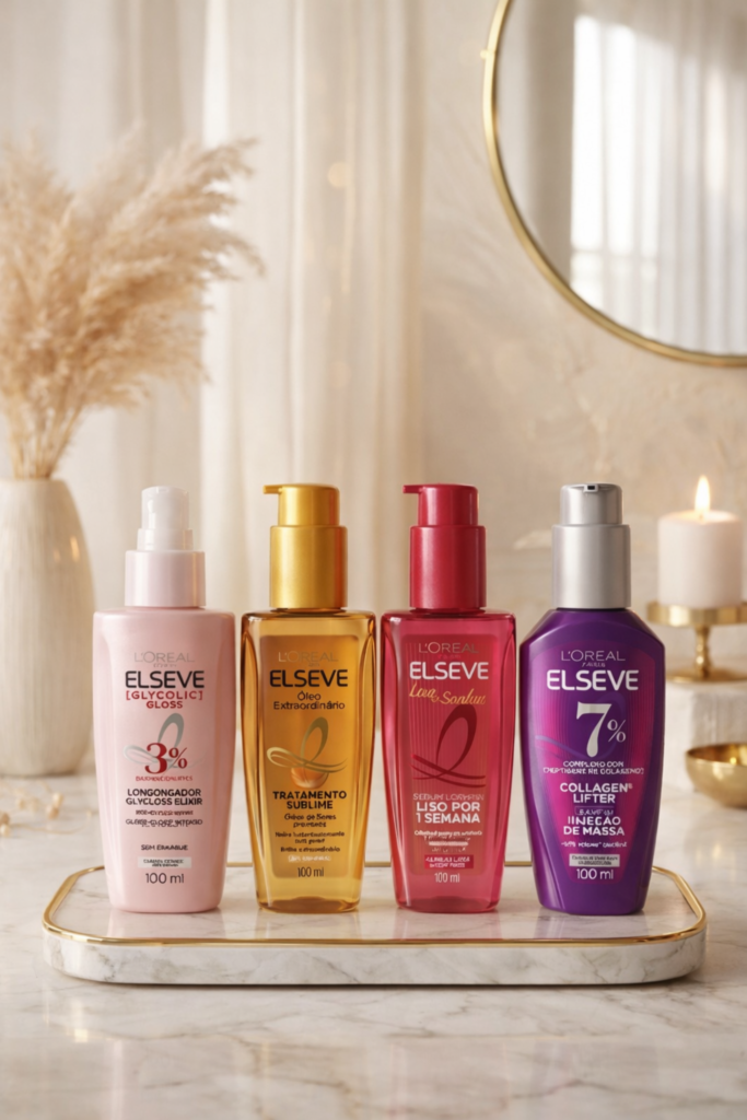 Descubra a diferença entre os séruns da Elseve e saiba qual finalizador escolher: Collagen Lifter, Óleo Extraordinário, Liso dos Sonhos ou Glycolic Gloss.